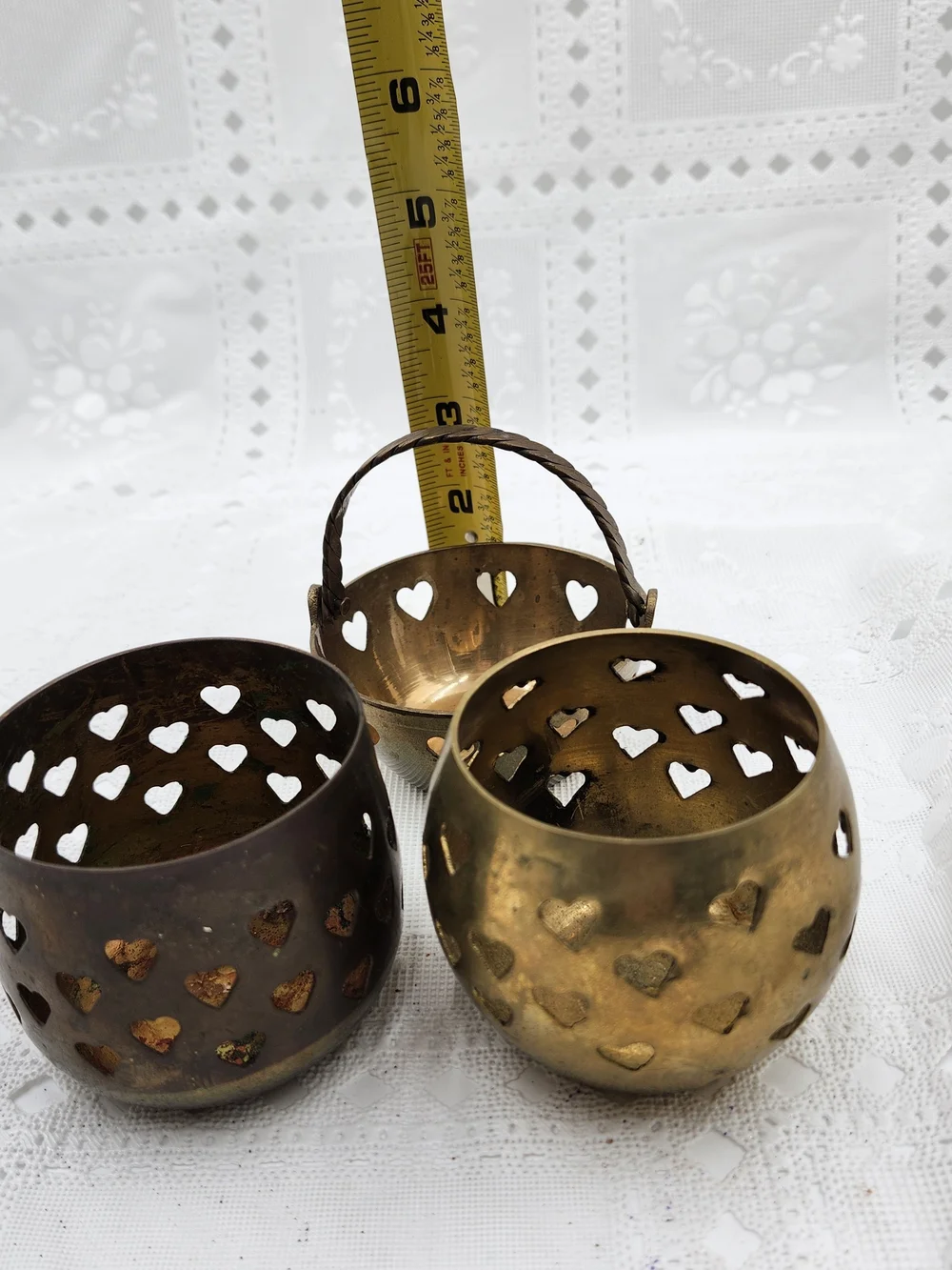 lot of 3  Solid Brass Heart Cut Out Votive Candle Holder Tea Light